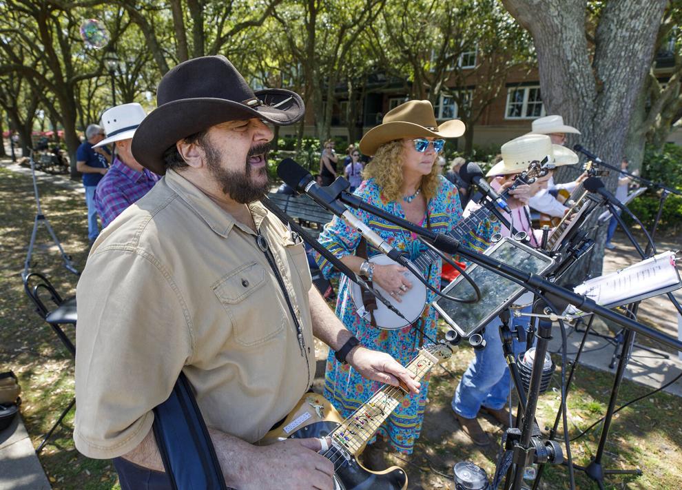 The Palmetto Rose Band (from left): Jeff Goller, Nicole McLoud, Fred Schroeder and Ken Coker. The band collected donations to help Ukraine while they played at Waterfront Park on April 3, 2022